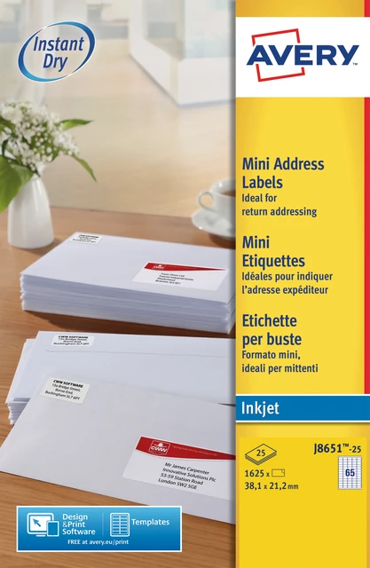 Etiket Avery J8651-25 38.1x21.2mm wit 1625 stuks