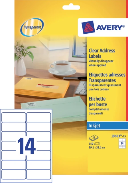 Etiket Avery J8563-25 99.1x38.1mm transparant 350stuks