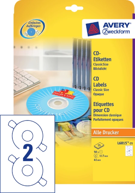 Laser/ink/kopieer etiket ZW voor CD‘s ; pkje 25vel