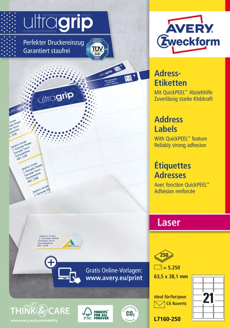 Etiket Avery L7160-250 63.5x38.1mm wit 5250 stuks