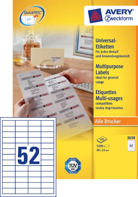Etiket Avery Zweckform 3650 48x21mm wit 5200stuks