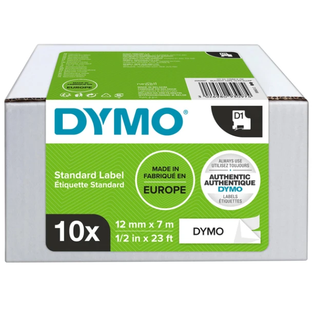 Labeltape Dymo 45013 12mmx7m D1 Wit/Zwart 10st
