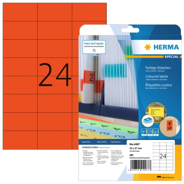 Superprintetiket Herma 4467 70x37mm rood; pk 25v