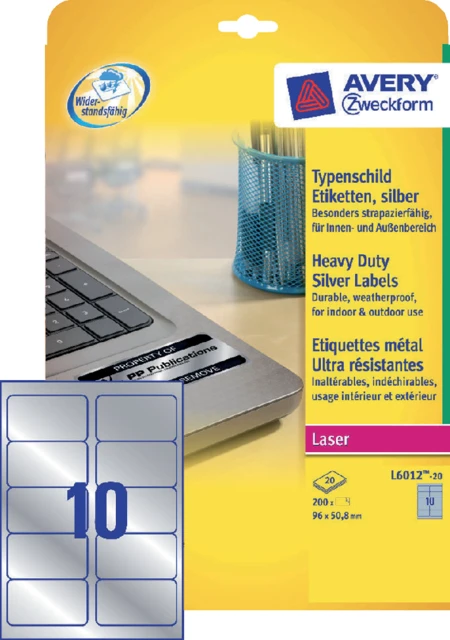 Etiket Avery L6012-20 96x50.8mm zilver 200stuks