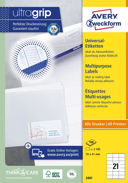 Etiket Avery Zweckform 3481 70x41mm wit 2100stuks