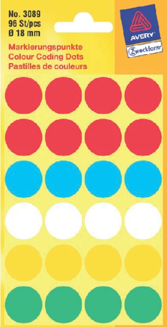 Etiket Avery Zweck 3089 18mm Assorti 96st