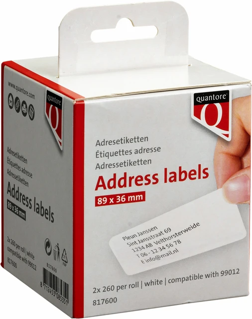 Labeletiket Quantore 99012 89x36mm adres wit 2 rol