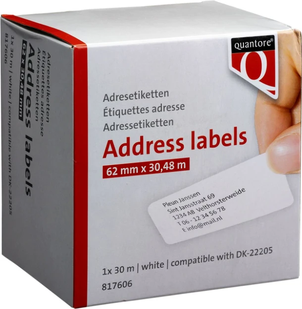Labeletiket Quantore DK-22205 doorlopend 62mm 1 rol á 30m wit