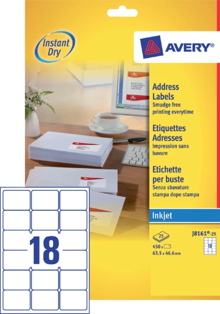 Etiket Avery J8161-25 63.5x46.6mm wit 450 stuks