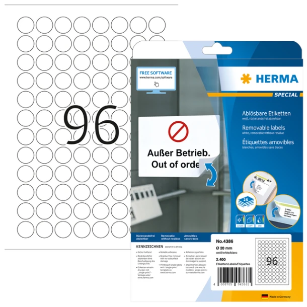Etiket HERMA 4386 20mm verwijderbaar wit 2400 stuks