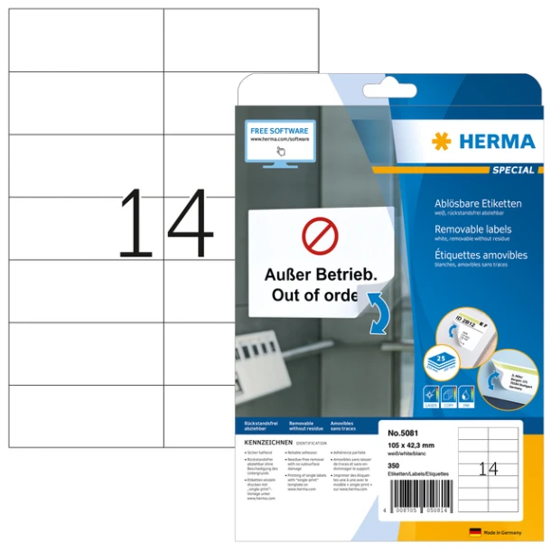 Etiket HERMA 5081 105x42.3Mm verwijderbaar wit 350