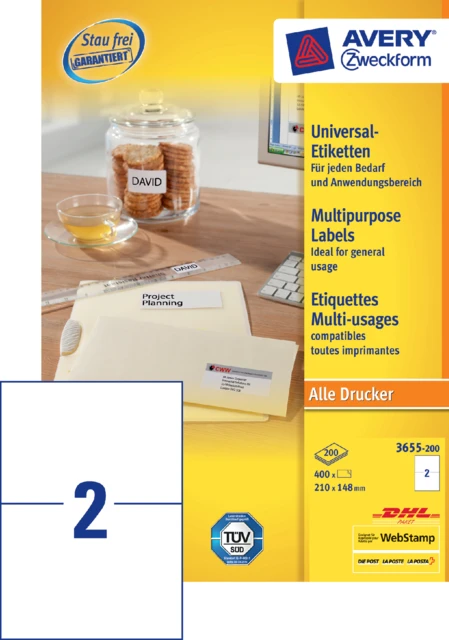 Etiket Avery Zweckform 3655 210x148mm A5 wit 400st