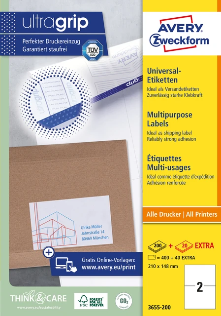 Etiket Avery Zweckform 3655 210x148mm A5 wit 400st