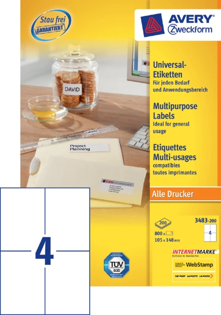 Etiket Avery Zweckform 3483 105x148mm A6 wit 800st
