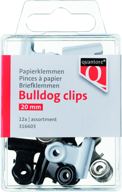 Papierklem Bulldog Quantore Blister 20mm Assorti