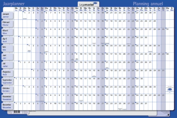 Jaarplanner 2027 Legamaster 90x60cm horizontaal gelamineerd en oprolbaar Engelstalig