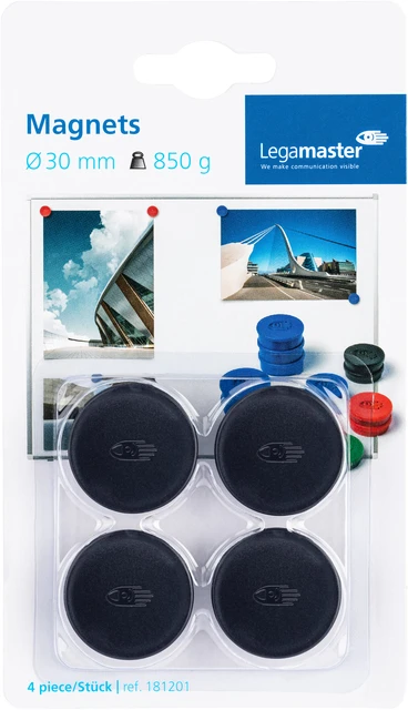 Magneten Lega 30mm rond zwart; BLISTER 4 stuks