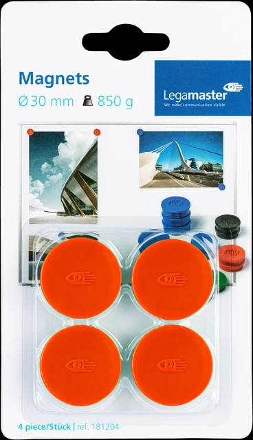 Magneten Lega 30mm rond rood; BLISTER 4 stuks