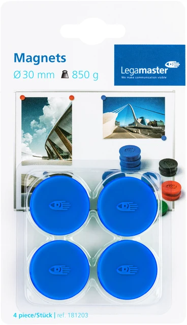 Magneten Lega 30mm rond blauw; BLISTER 4 stuks