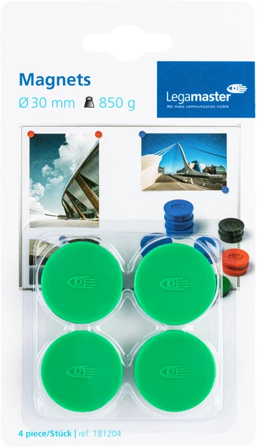 Magneten Lega 30mm rond groen;BLISTER 4 stuks