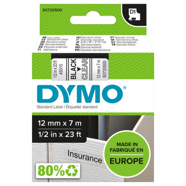 Labelprintertape tbv Dymo 45010 12mm zwart/transp