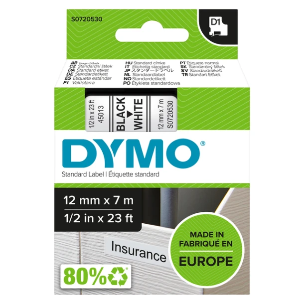 Labelprintertape Dymo 45013 12mm zwart/wit