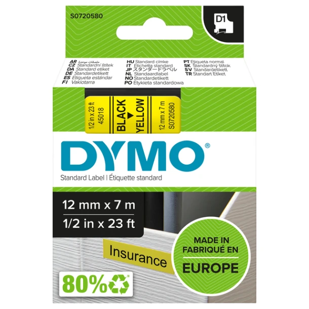 Labelprintertape tbv Dymo 45018 12mm zwart/geel