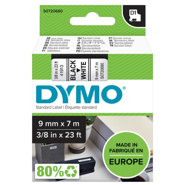 Labelprintertape Dymo 40913 9mm wit/zwart