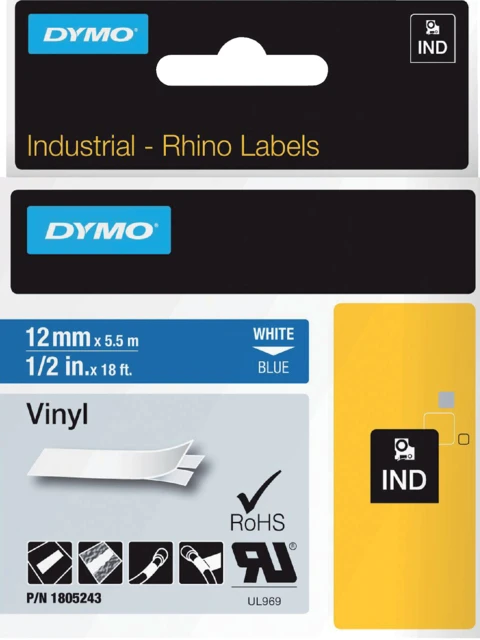 Labeltape Dymo 1805243 12mmx5.5m Rhino Blauw/Wit
