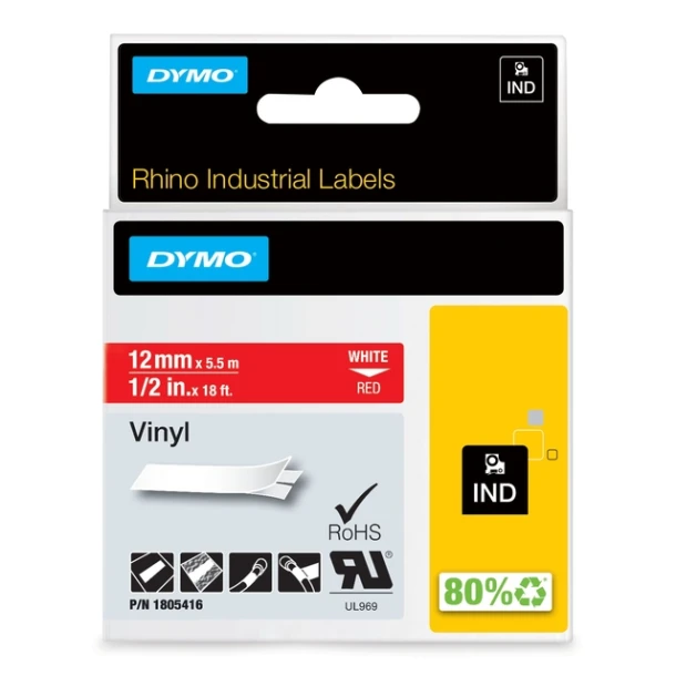 Labeltape Dymo 1805416 Rhino 12mmx5.5m Rood/Wit