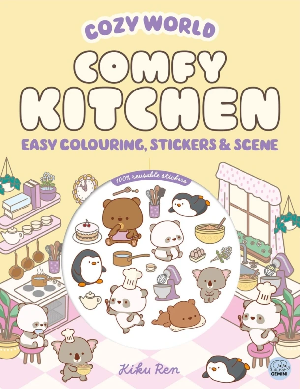 Cozy World Comfy Kitchen: Easy Colouring and Sticker Scene for Teens, Young Adults and Adults – Kiku Ren – boek cover