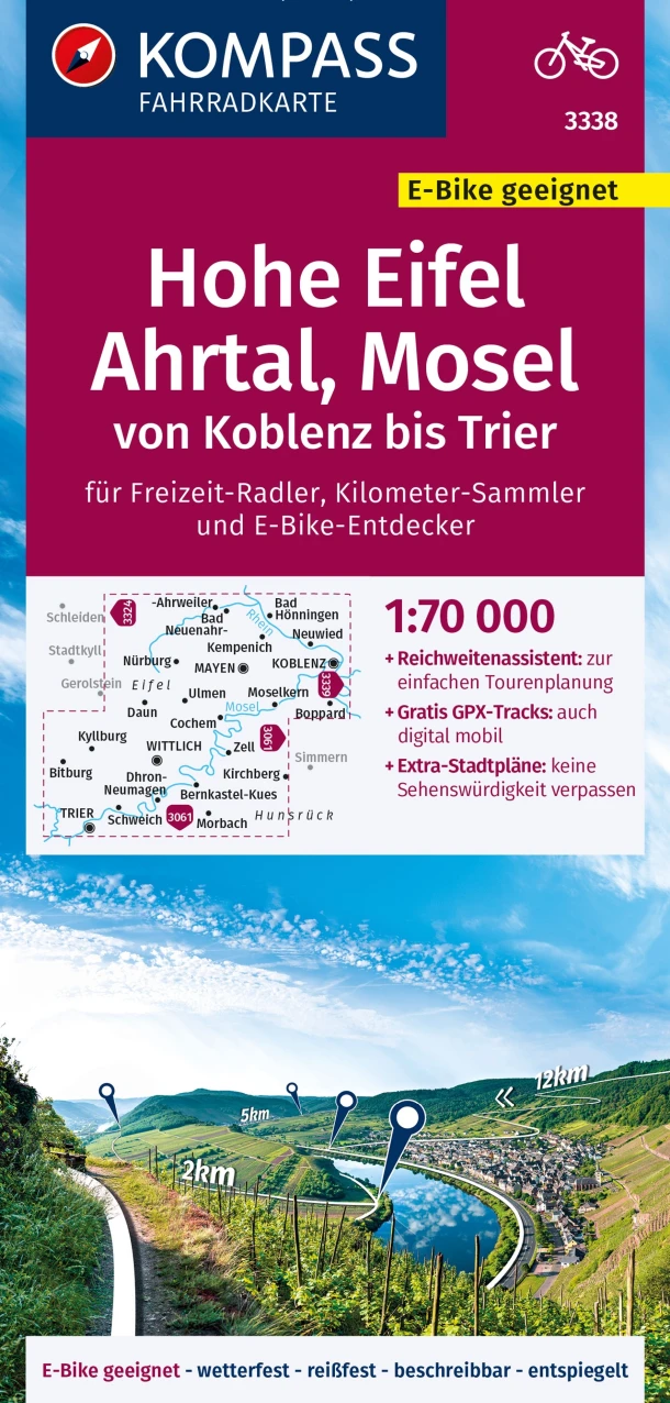 KOMPASS Fahrradkarte 3338 Hohe Eifel, Ahrtal, Mosel, von Koblenz bis Trier 1:70.000 – boek cover