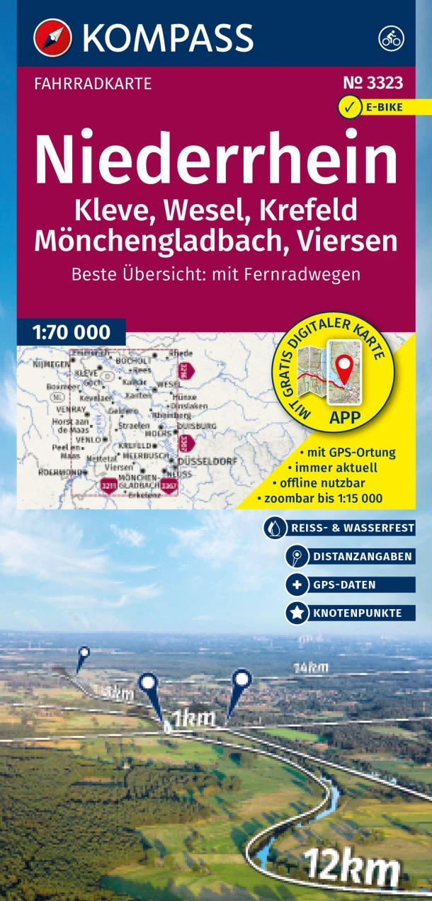 KOMPASS Fahrradkarte 3323 Niederrhein, Kleve, Wesel, Krefeld, Mönchengladbach, Viersen mit Knotenpunkten 1:70.000 – boek cover