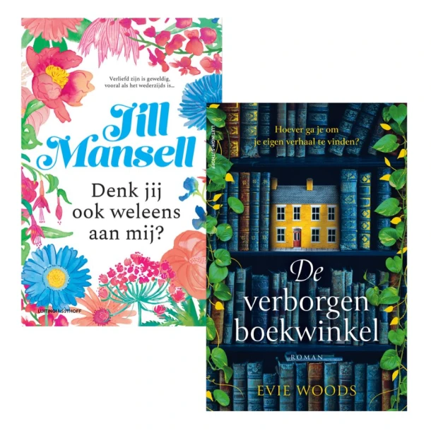 Boekenset Denk jij ook weleens aan mij? en De verborgen boekwinkel – boek cover