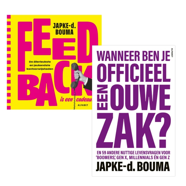 Boekenset Feedback is een cadeautje en Wanneer ben je officieel een ouwe zak? – boek cover