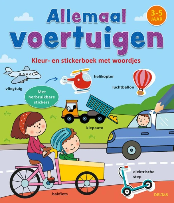 Kleur- en stickerboek met woordjes - Allemaal voertuigen (3-5 j.) – ZNU – boek cover