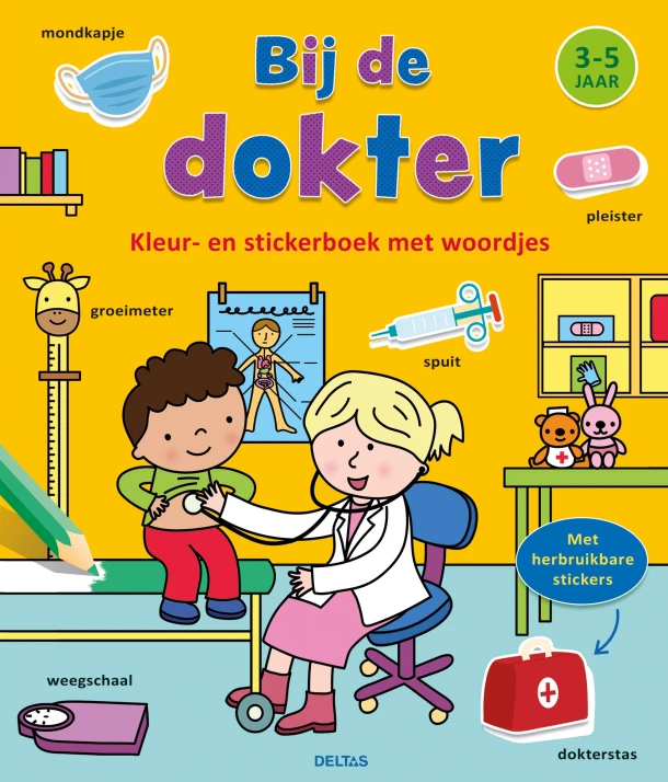 Kleur- en stickerboek met woordjes - Bij de dokter – ZNU – boek cover