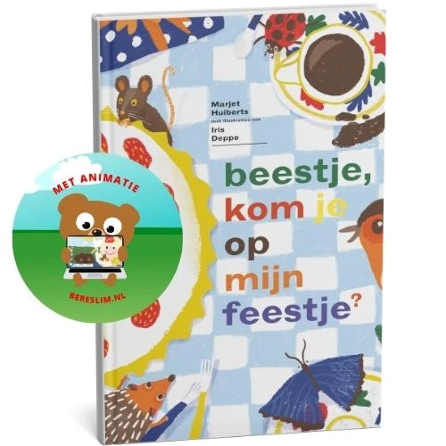 Combi boek Beestje, kom je op mijn feestje + animatie – Marjet Huiberts – boek cover