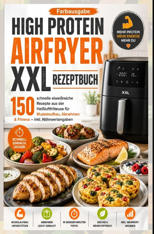 High Protein Airfryer XXL Rezeptbuch ¿ Farbausgabe 150 schnelle eiweißreiche Rezepte aus der Heißluftfritteuse für Muskelaufbau, Abnehmen & Fitness – Julia Backfry – boek cover