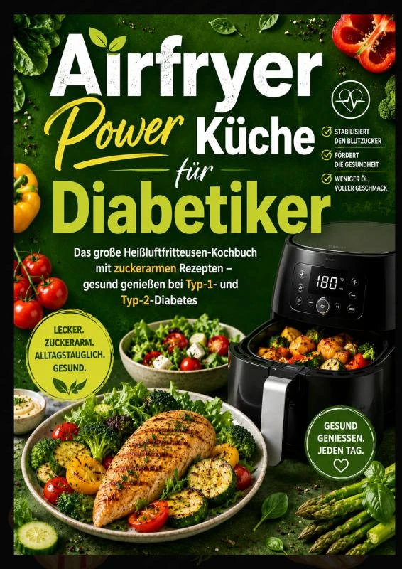 Airfryer Power Küche für Diabetiker: Das große Heißluftfritteusen-Kochbuch mit zuckerarmen Rezepten ¿ gesund genießen bei Typ-1- und Typ-2-Diabetes – Clara Feldhaus – boek cover