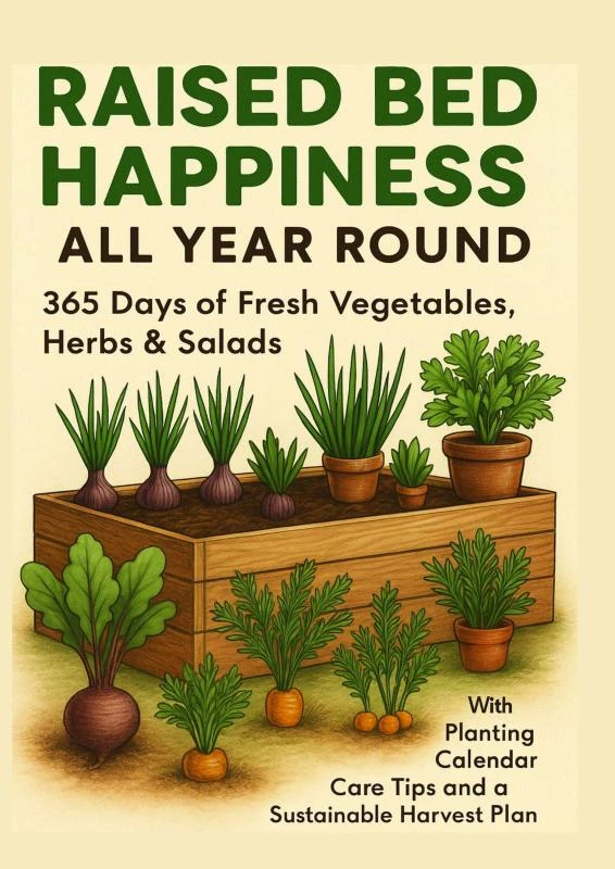 RAISED BED HAPPINESS ALL YEAR ROUND 365 Days of Fresh Vegetables, Herbs & Salads ¿ With Planting Calendar, Care Tips and a Sustainable Harvest Plan – Luise Gartmann – boek cover