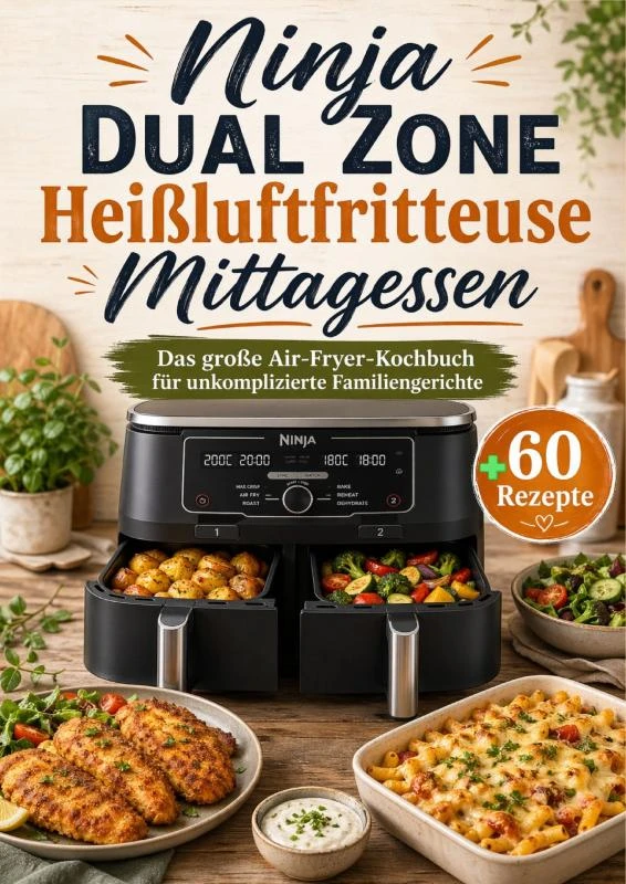 Ninja Dual Zone Heißluftfritteuse Mittagessen: Das große Air-Fryer-Kochbuch für unkomplizierte Familiengerichte – Berta Elwin – boek cover