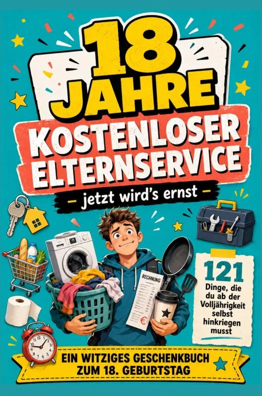 18 JAHRE KOSTENLOSER ELTERNSERVICE ¿ jetzt wird's ernst -121 Dinge, die du ab der Volljährigkeit selbst hinkriegen musst – Mama Macht¿S Nicht Mehr Verlag – boek cover