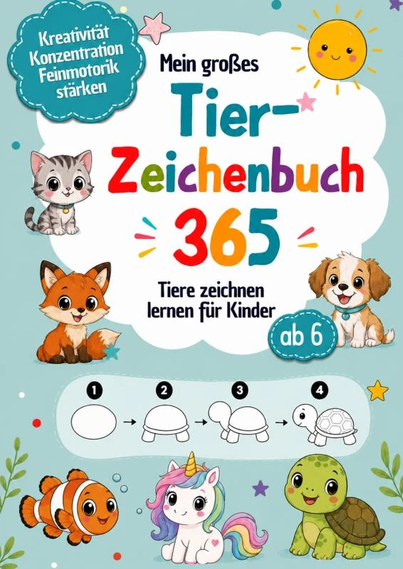 Mein großes Tier-Zeichenbuch 365 Tiere zeichnen lernen für Kinder ab 6 ¿ Schritt für Schritt in 4 Schwierigkeitsstufen – Gitte Wohlleben – boek cover