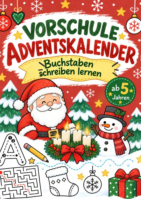 Vorschule Adventskalender: Buchstaben schreiben lernen ab 5 Jahren - Mit Schwungübungen, Ausmalbildern und Labyrinthen – Manubi Publishing – boek cover