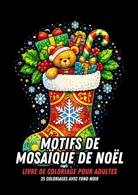 Motifs en Mosaïque de Noël ¿ Livre de Coloriage pour Adultes ¿ 25 Pages à Colorier avec un Fond Noir – Livre De Coloriage et Plus – boek cover
