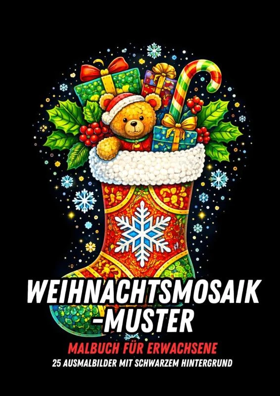 Weihnachts-Mosaikmuster ¿ Malbuch für Erwachsene ¿ 25 Ausmalbilder mit Schwarzem Hintergrund – boek cover