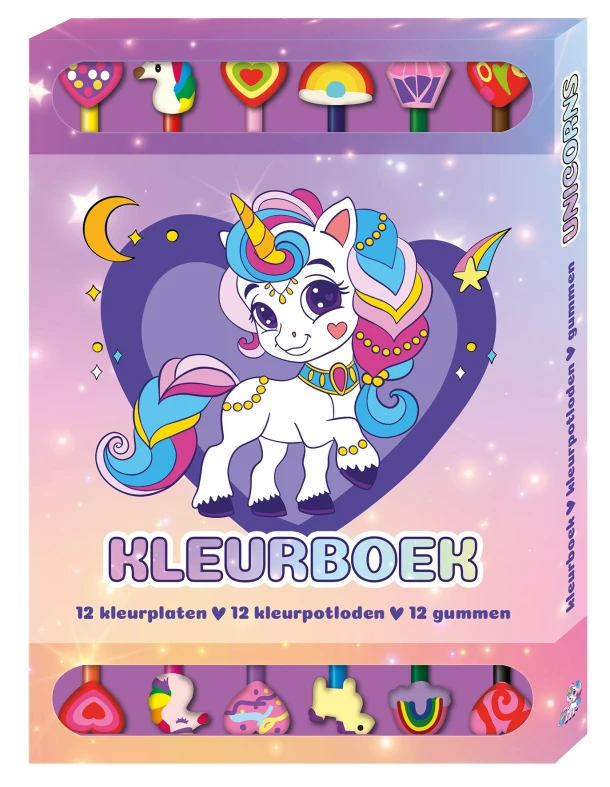 Kleurboek Box met 12 potloden en gummen - Unicorns – Interstat – boek cover