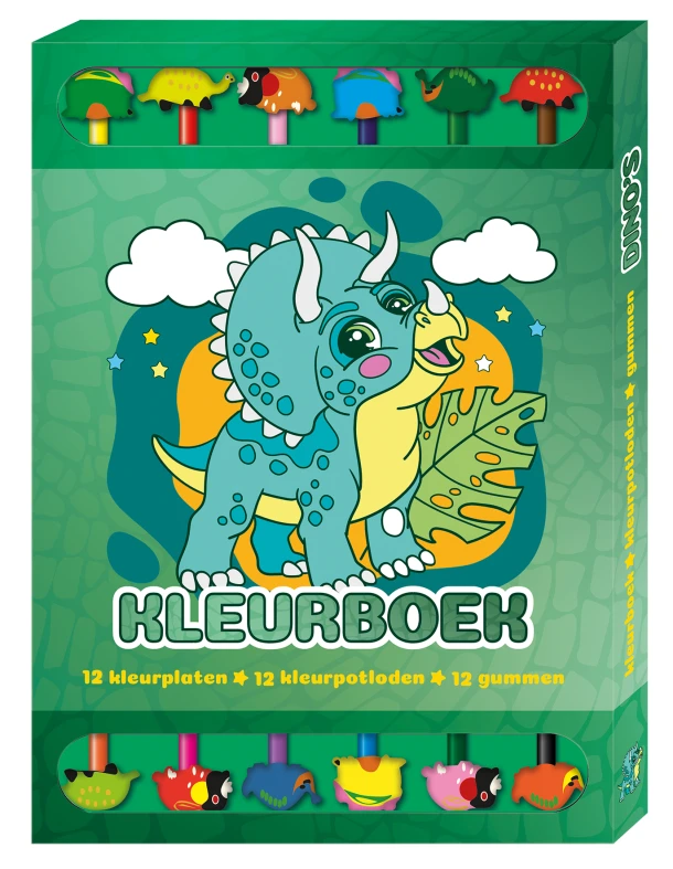 Kleurboek Box met 12 potloden en gummen - Dino's – Interstat – boek cover