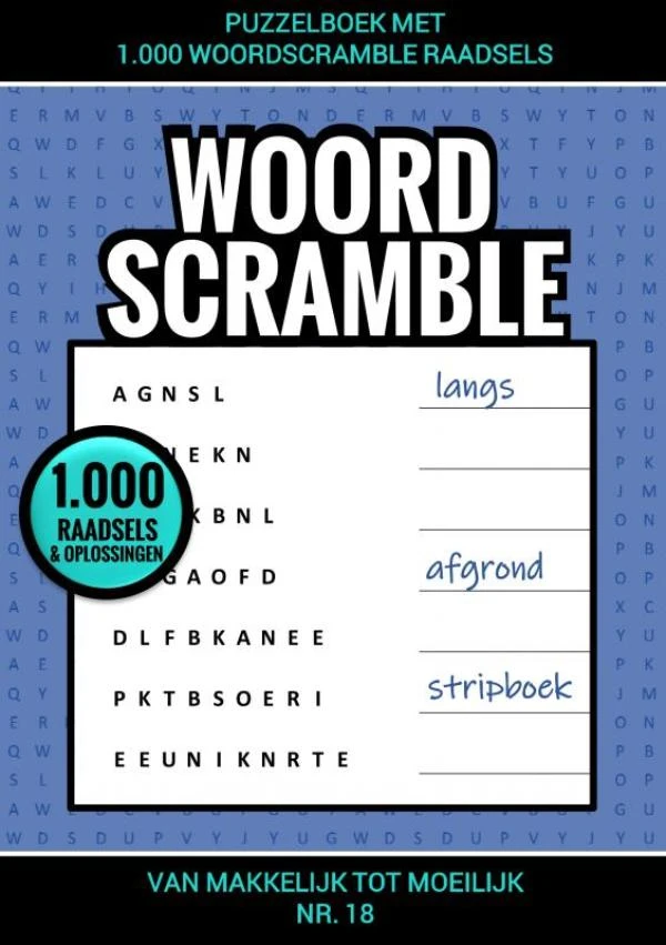 Puzzelboek met 1.000 Woord Scramble Raadsels - nr. 18 – Puzzelboeken & Meer – boek cover